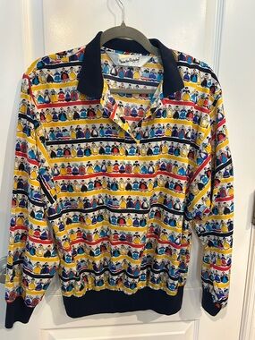 Vintage 80s Diane Von Furstenberg Novelty People Print Blouse with Navy Trim